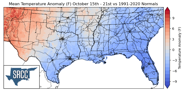 Graphic showing the mean temperature anomalies across the Southern Region for October 15th - 21st