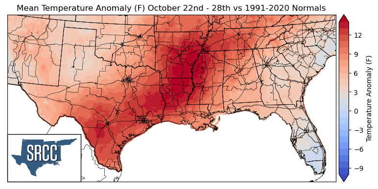 Graphic showing the mean temperature anomalies across the Southern Region for October 22nd - 28th