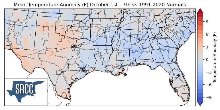 Graphic showing the mean temperature anomalies across the Southern Region for October 1st - 7th