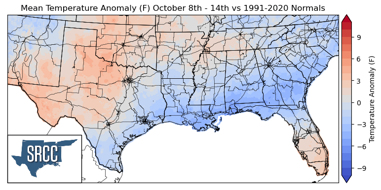 Graphic showing the mean temperature anomalies across the Southern Region for October 8th - 14th