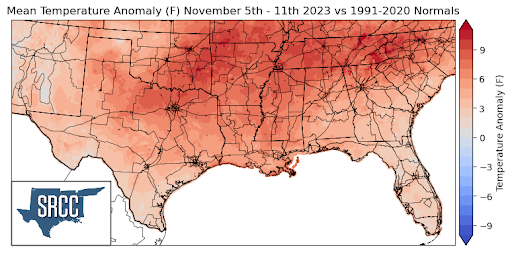 Graphic showing the mean temperature anomalies across the Southern Region for November 5th - 11th