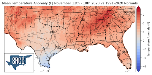 Graphic showing the mean temperature anomalies across the Southern Region for November 12th - 18th