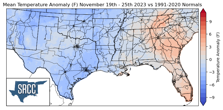 Graphic showing the mean temperature anomalies across the Southern Region for November 19th - 25th