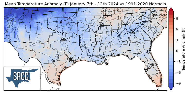 Graphic showing the mean temperature anomalies across the Southern Region for January 7th - 13th