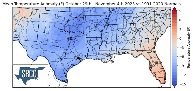 Graphic showing the mean temperature anomalies across the Southern Region for October 29th - November 4th
