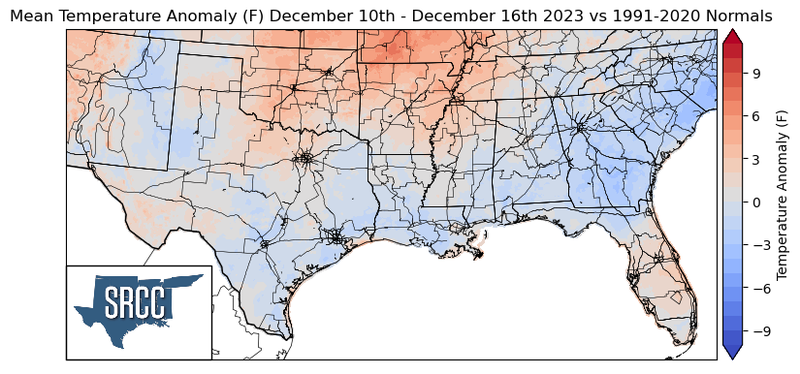 Graphic showing the mean temperature anomalies across the Southern Region for December 10th - 16th