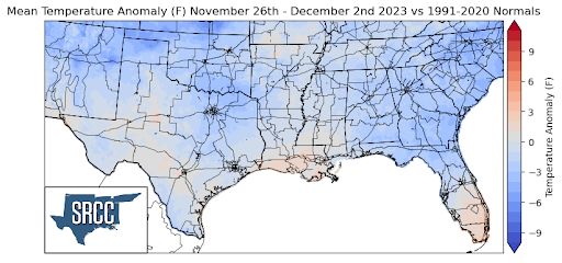 Graphic showing the mean temperature anomalies across the Southern Region for November 26th - December 2nd