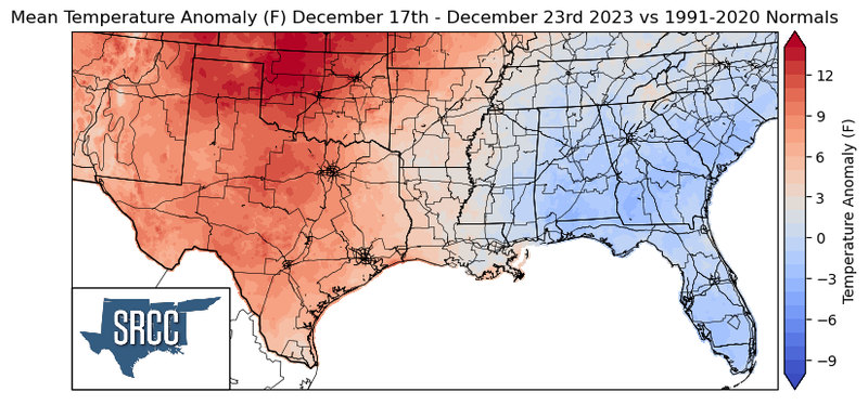 Graphic showing the mean temperature anomalies across the Southern Region for December 17th - 23rd