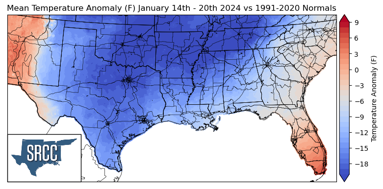 Graphic showing the mean temperature anomalies across the Southern Region for January 14th - 20th