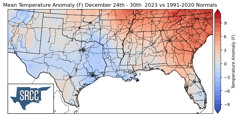 Graphic showing the mean temperature anomalies across the Southern Region for December  24th - 30th
