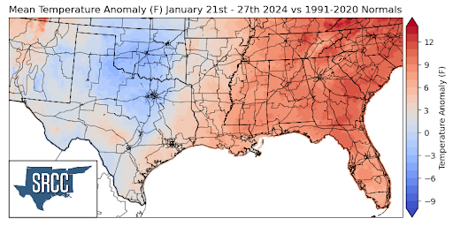 Graphic showing the mean temperature anomalies across the Southern Region for January 21st - 27th
