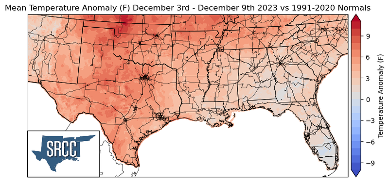 Graphic showing the mean temperature anomalies across the Southern Region for December 3rd - 9th