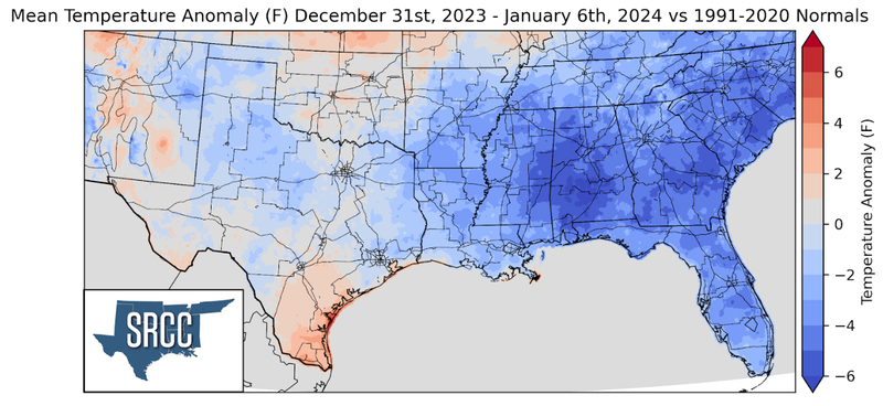 Graphic showing the mean temperature anomalies across the Southern Region for December  31st - January 6th