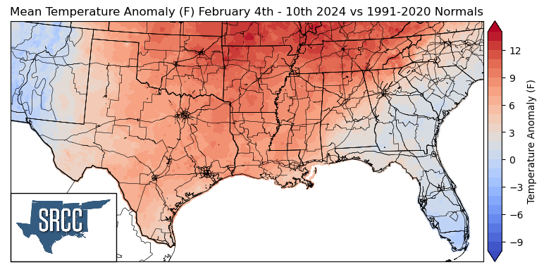 Graphic showing the mean temperature anomalies across the Southern Region for February 4th - 10th