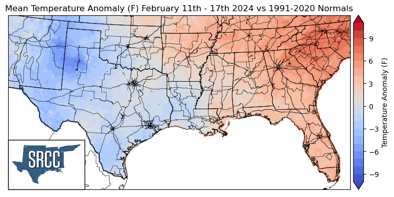 Graphic showing the mean temperature anomalies across the Southern Region for February 11th - 17th