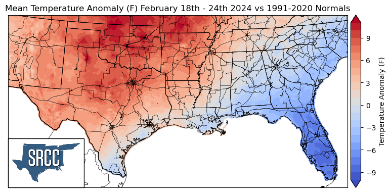 Graphic showing the mean temperature anomalies across the Southern Region for February 18th - 24th