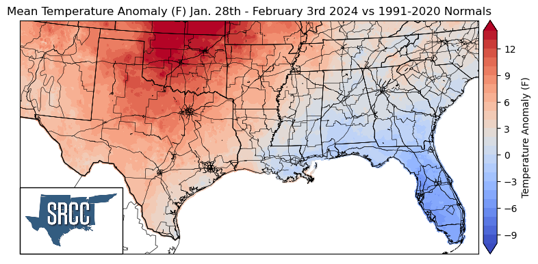 Graphic showing the mean temperature anomalies across the Southern Region for January 28th - February 3rd