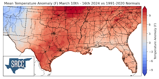 Graphic showing the mean temperature anomalies across the Southern Region for March 10th - 16th