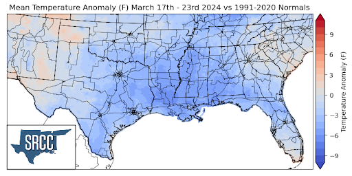 Graphic showing the mean temperature anomalies across the Southern Region for March 17th - 23rd
