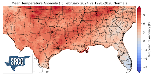 Graphic showing the mean temperature anomalies across the Southern Region for February 25th - March 2nd