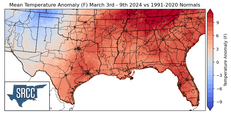 Graphic showing the mean temperature anomalies across the Southern Region for March 3rd - 9th