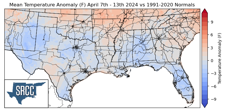 Graphic showing the mean temperature anomalies across the Southern Region for April 7th - 13th
