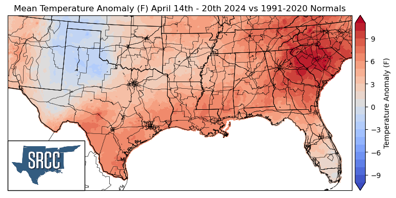 Graphic showing the mean temperature anomalies across the Southern Region for April 14th - 20th