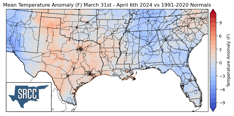 Graphic showing the mean temperature anomalies across the Southern Region for March 31st - April 6th