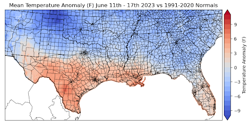 Graphic showing the mean temperature anomalies across the Southern Region for June 11th - 17th