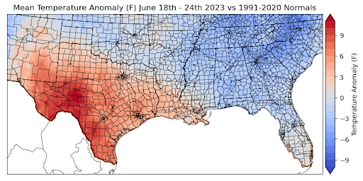 Graphic showing the mean temperature anomalies across the Southern Region for June 18th - 24th
