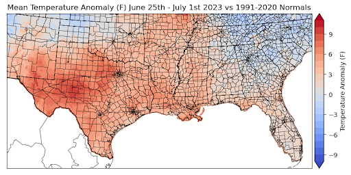 Graphic showing the mean temperature anomalies across the Southern Region for June 25th - July 1st