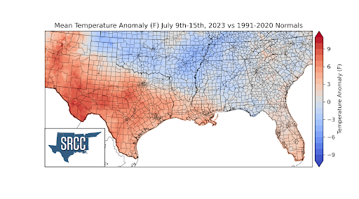 Graphic showing the mean temperature anomalies across the Southern Region for July 9th - 15th