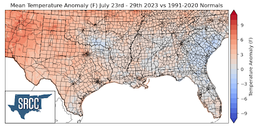 Graphic showing the mean temperature anomalies across the Southern Region for July 23rd - 29th