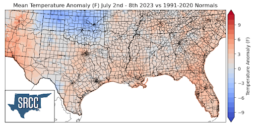 Graphic showing the mean temperature anomalies across the Southern Region for July 2nd - 8th