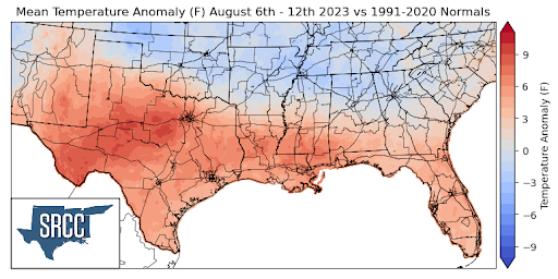 Graphic showing the mean temperature anomalies across the Southern Region for August 6th - 12th
