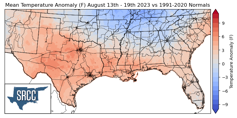 Graphic showing the mean temperature anomalies across the Southern Region for August 13th - 19th
