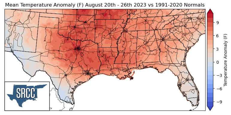 Graphic showing the mean temperature anomalies across the Southern Region for August 20th - 26th