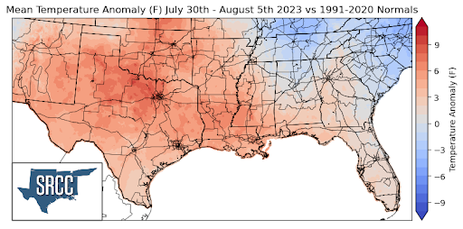 Graphic showing the mean temperature anomalies across the Southern Region for July 30th - August 5th