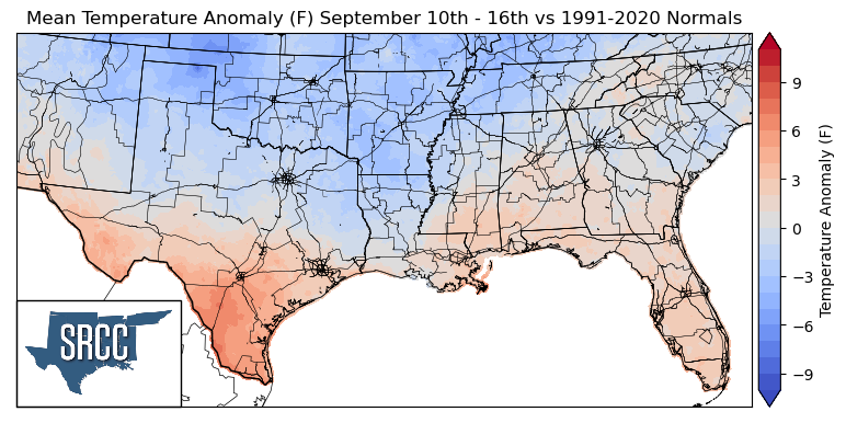 Graphic showing the mean temperature anomalies across the Southern Region for September 10th - 16th