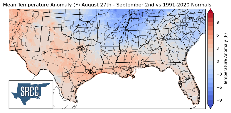 Graphic showing the mean temperature anomalies across the Southern Region for August 27th - September 2nd