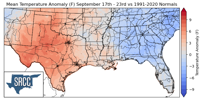Graphic showing the mean temperature anomalies across the Southern Region for September 17th - 23rd