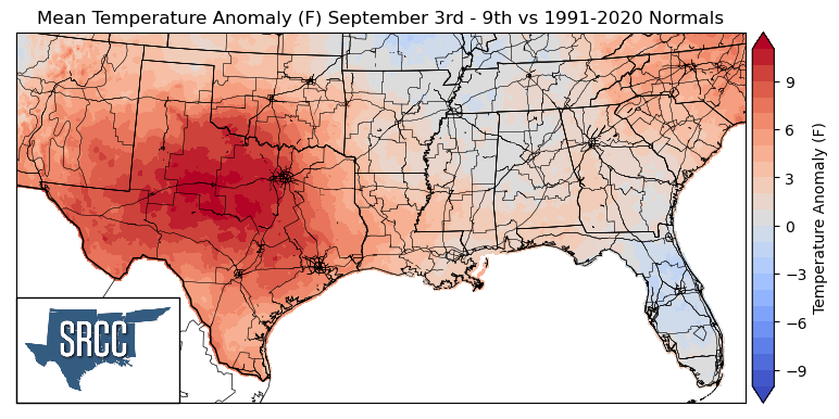 Graphic showing the mean temperature anomalies across the Southern Region for September 3rd - 9th