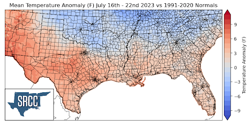 Graphic showing the mean temperature anomalies across the Southern Region for July 16th - 22nd
