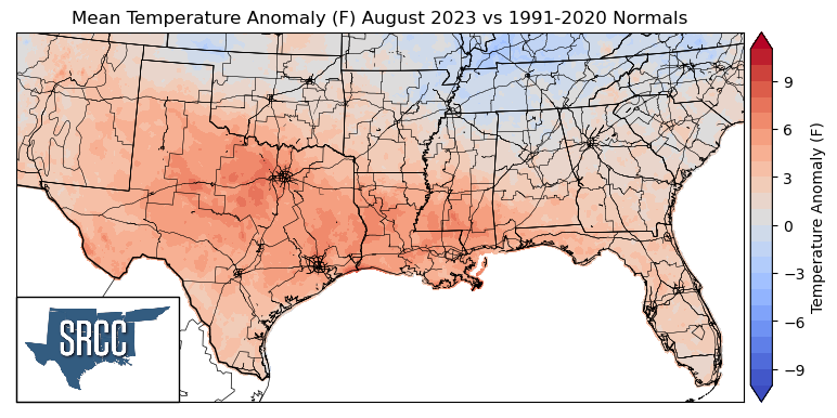 Graphic showing the mean temperature anomalies across the Southern Region for August