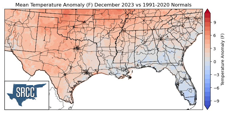 Graphic showing the mean temperature anomalies across the Southern Region for December
