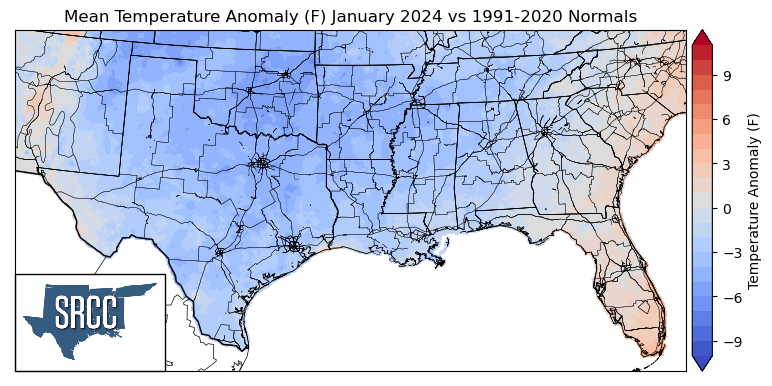 Graphic showing the mean temperature anomalies across the Southern Region for January