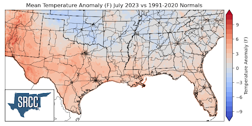 Graphic showing the mean temperature anomalies across the Southern Region for July