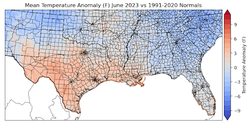 Graphic showing the mean temperature anomalies across the Southern Region for June