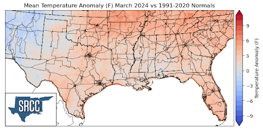 Graphic showing the mean temperature anomalies across the Southern Region for March