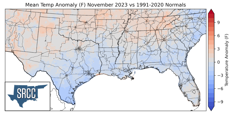Graphic showing the mean temperature anomalies across the Southern Region for November